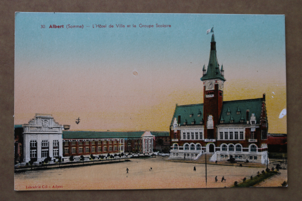 Postcard PC Albert 1910-1929 Hotel de Ville Town Hall Groupe Scolaire Schools architecture France 80 Somme